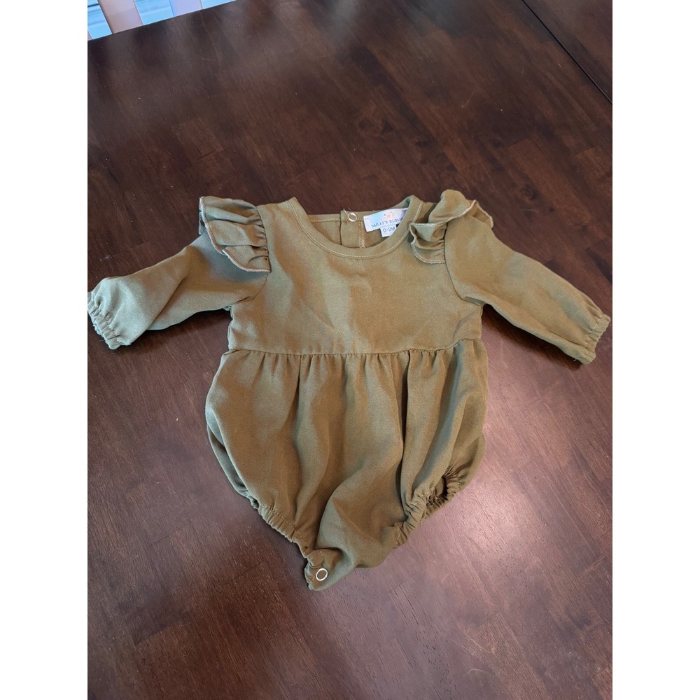 Bailey's Blossoms Baby Girls Olive Green Ruffle Long Sleeve Bubble Romper 0-3M